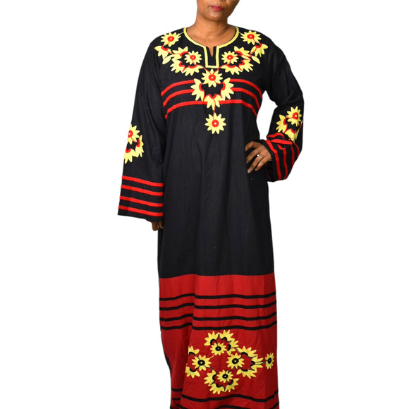 Egyptian Embroidered Caftan Dress Black Long Sleeve Cover Up Tunic Floral Large - Picture 1 of 15